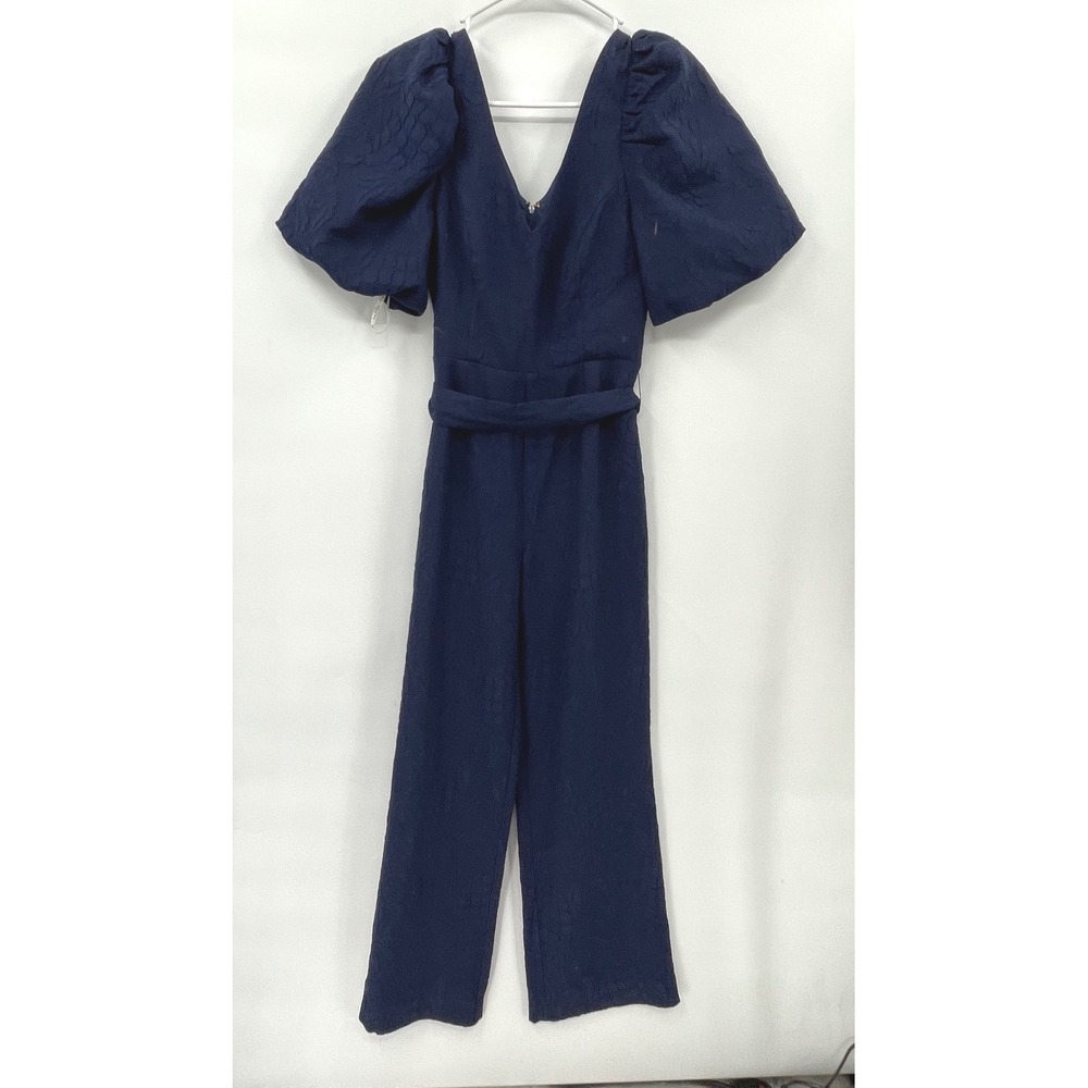 Lilly Pulitzer 00 Jumpsuit Womens Navy Blue Puff Sleeve Jacquard Pineapple Belt